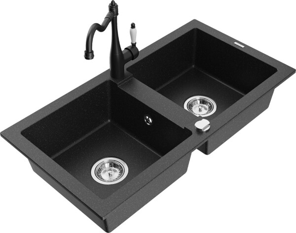 MEXEN/S - Mario granitový dřez 2-bowl včetně baterie Carla, černá/stříbrná metalik 6504-73-670700-70