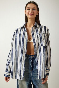 Happiness İstanbul Women's Cream Navy Blue Striped Oversize Knitted Shirt