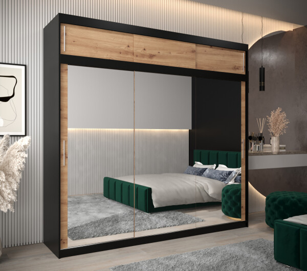 Šatní skříň Abi T3 s nástavcem Barva korpusu: Černá, Rozměry: 250 cm, Dveře: Dub-Artisan