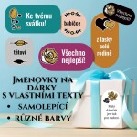 Jmenovky na dárky, mnoho barev, vlastní texty, 14ks, voděodolné