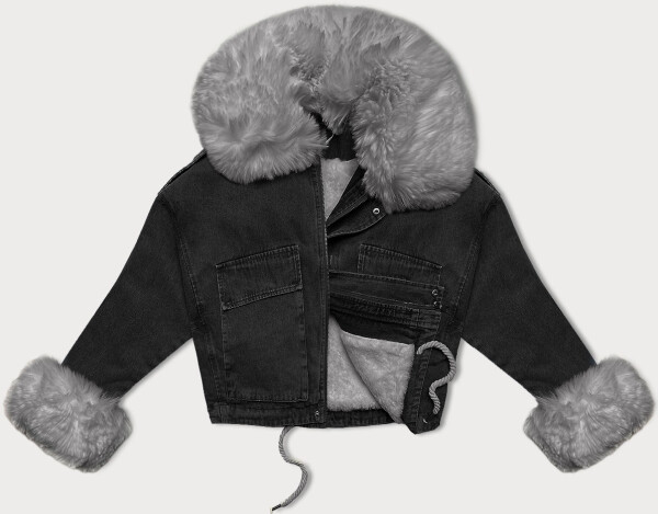Vyšisovaná černo/šedá krátká dámská džínová bunda s kožešinovou podšívkou J Style (11Z8219) odstíny černé XL (42)