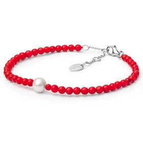 Náramek Nania - korál, sladkovodní perla, stříbro 925/1000, Červená 17,5 cm + 3 cm (prodloužení)