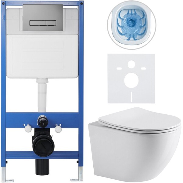 CERANO Kompletní podomítkový WC set Lite/Cesso - bílá lesklá - WC tlačítko Slim, tmavě šedá - předstěnová instalace/sádrokarton - 49x36 cm - 416797