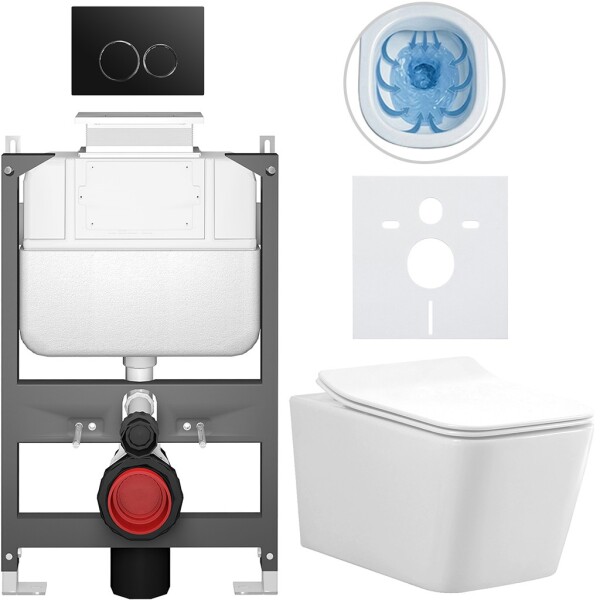 CERANO - Kompletní WC set Basic/Forte - bílá lesklá - WC tlačítko Dualo/Černá - ovládání shora - předstěnová instalace - 51x36 CER-8050BD86110