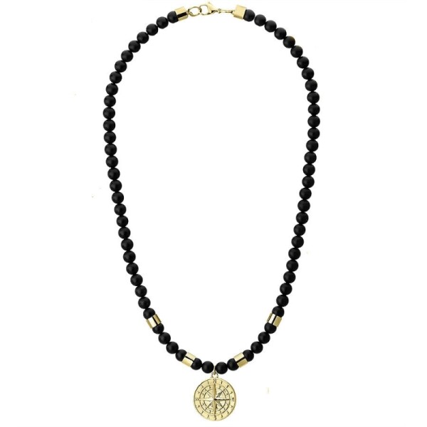 Pánský korálkový náhrdelník Diego Gold - přírodní onyx, větrná růžice, Zlatá 60 cm