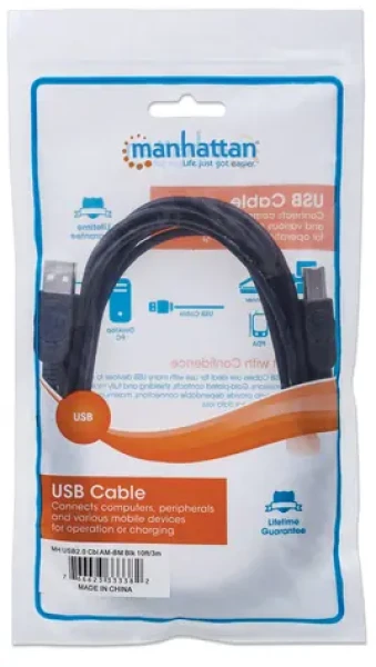 Manhattan / USB kabel / USB-A - USB-B / USB 2.0 / 3 m / černý (333382)