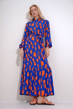 Trend Alaçatı Stili Women's Blue-Orange Crew Neck Patterned Skirt Flounce Belted Waist Maxiboy Dress