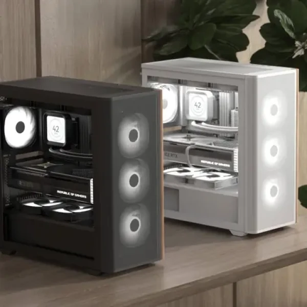 Aerocool D501A-G-WT-v2 bílá, dřevo / Skříň / Midi Tower / ATX / Mesh / ARGB / bez zdroje (ACCM-DS01043.21)