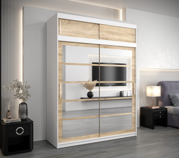 Šatní skříň Abi Ro2 s nástavcem Barva korpusu: Bílá, Rozměry: 150 cm, Dveře: Dub sonoma