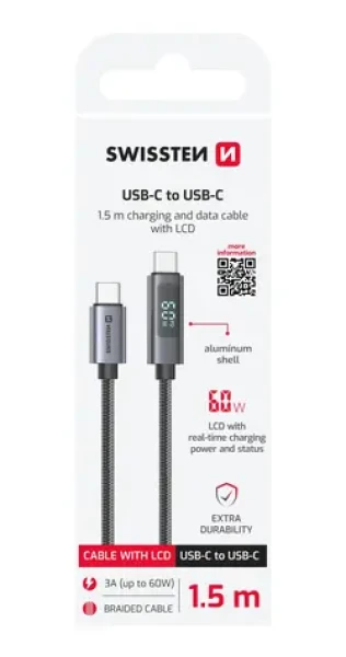 SWISSTEN Kabel USB-C s LCD displejem 1.5m černá / 60W / 2x USB-C (M) (71551074)
