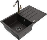 MEXEN/S - Bruno granitový dřez 1 s odkapávačem včetně baterie Flora, černá/zlatá metalik 6513-75-670401-57-B