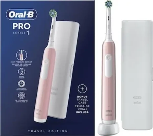 Oral-B Pro Series 1 Cross Action růžový / Elektrický zubní kartáček / oscilační / 3 režimy / senzor tlaku / s pouzdra (Pro1 Pink with Case)