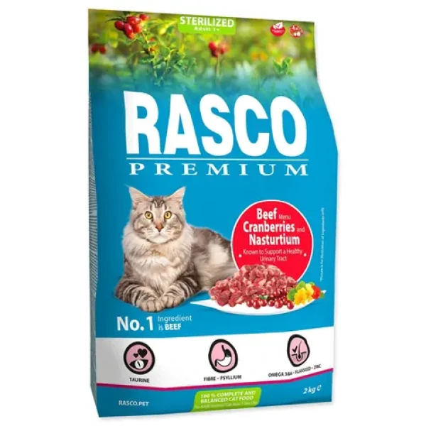 Rasco Premium Sterilized hovězí s brusinkou a lichořeřišnicí 2kg / Granule pro dospělé kočky (1703-10304)