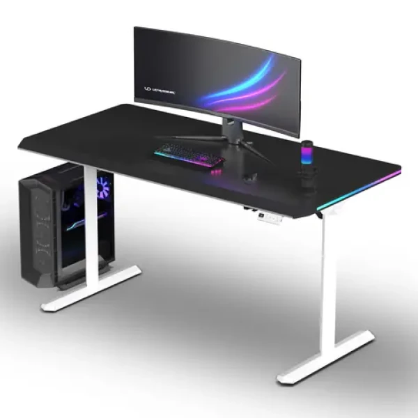ULTRADESK Quest bílá černá / Herní stůl / 140 x 70 cm / 72-120 cm / elektrická nastavitelná výška / LED RGB osvětlení (UD-QST-FRWT/DTBB)
