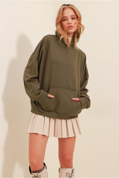 Trend Alaçatı Stili Women's Khaki Hoodie with Kangaroo Pocket Thread Thickness Sweatshirt