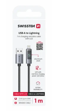 SWISSTEN Kabel USB-A na Lightning s LCD displejem 1m černá / 12W / USB-A (M) / Lightning (71551071)