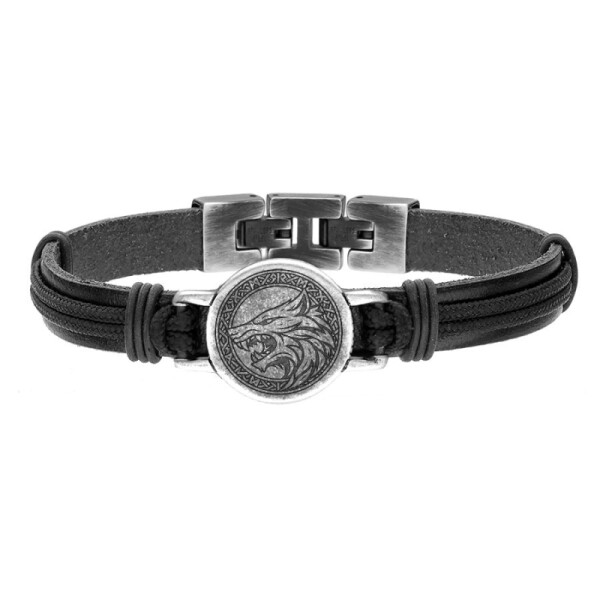 Pánský náramek Odinův vlk - pravá kůže, chirurgická ocel, Černá 22 cm
