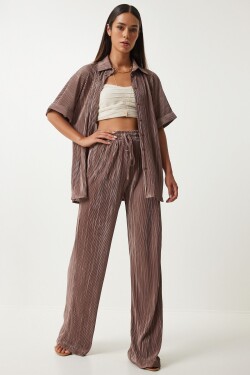 Happiness İstanbul Women's Brown Pleated Shirt and Trousers Set