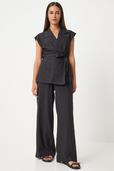 Happiness İstanbul Women's Black Belted Vest Palazzo Knitted Suite