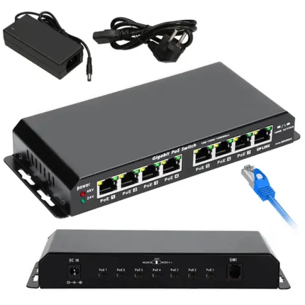 Extralink KRATOS / Switch / 7x Gigabit PoE / 1x Uplink RJ45 / 60W PoE / Napájecí zdroj 24V 2,5A (EX.1025)