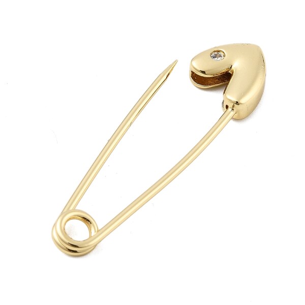 Kovová brož - Špendlík se srdcem s kubickým zirkonem - pozlaceno 18K zlatem - 39 × 10 mm - 1 ks