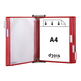 Djois nástěnný kovový držák s rámečky, 10 rámečků s kapsami A4 na výšku, červené, 1 set