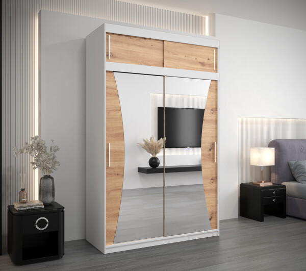 Šatní skříň Abi Mo s nástavcem Barva korpusu: Bílá, Rozměry: 150 cm, Dveře: Dub artisan