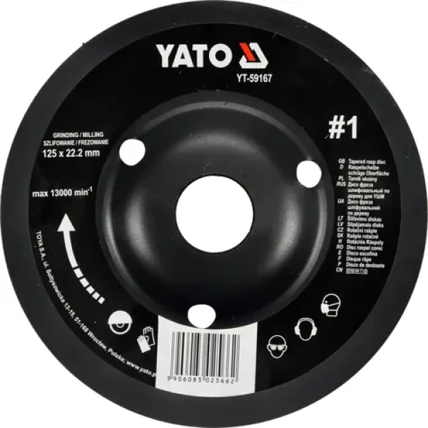 YATO Rotační rašple úhlová 125 mm hrubá / Rašple / Upínací otvor 22,2 mm / Max. 13000 ot./min (YT-59167)
