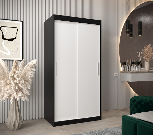 Šatní skříň Abi T0 s posuvnými dveřmi Barva korpusu: Černá, Rozměry: 100 cm, Dveře: Bílá