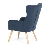 Křeslo, potah modrá manšestrová látka, dřevěné nohy, masiv kaučukovník