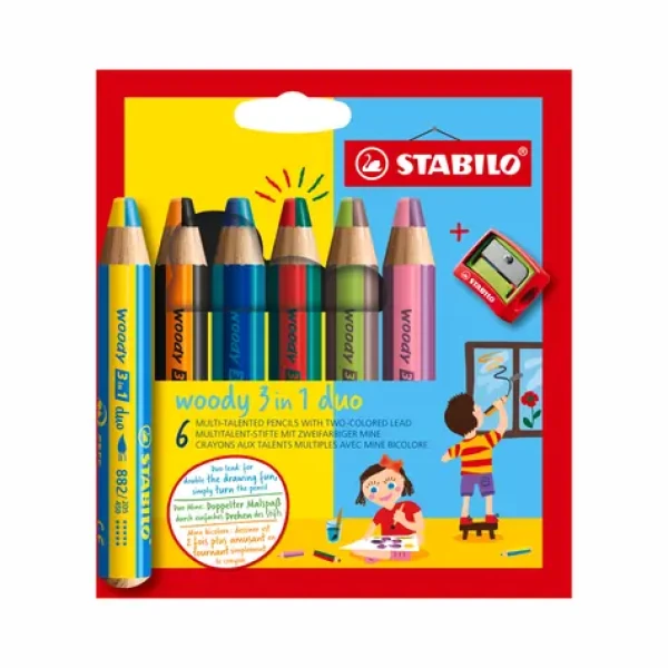 STABILO® woody 3 in 1 duo - dvoubarevná tuha - 6 ks sada s ořezávatkem (8826-2)