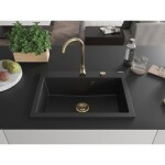 MEXEN/S - Elix granitový dřez 1-miska 700 x 500 mm, černá, sifon zlatá 6526701005-77-G