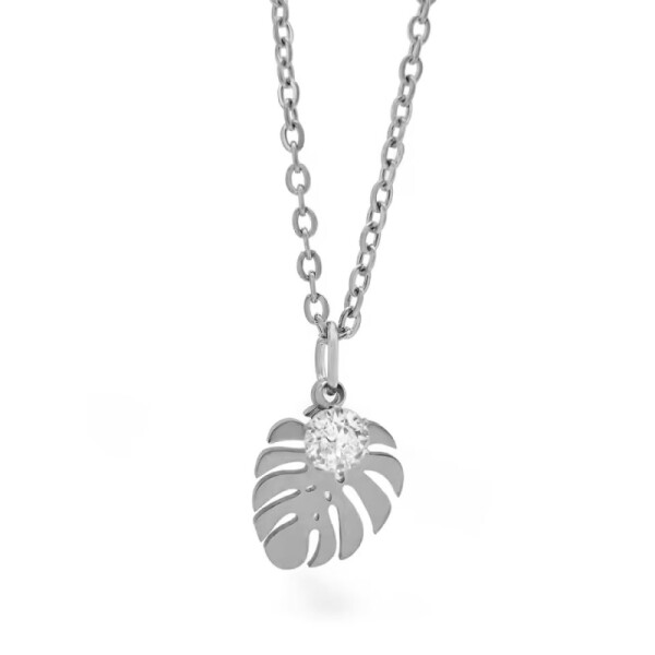 Náhrdelník se zirkonem Monstera Leaf - chirurgická ocel, Stříbrná 45 cm + 5 cm (prodloužení)