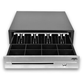 VIRTUOS Pokladní zásuvka C430D černá / s kabelem / kovové držáky / nerez panel / 9-24V (EKN0116)