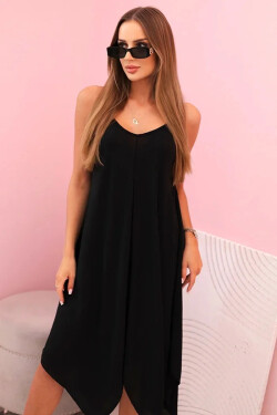 Women's dress with straps flared with an asymmetrical hem černý UNI