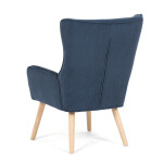 Křeslo, potah modrá manšestrová látka, dřevěné nohy, masiv kaučukovník