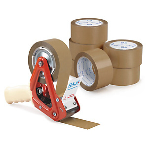 6 x Lepicí PVC páska 48mm, návin 66m, hnědá, tloušťka 53µm + 1 odvíječ pásky | RAJA