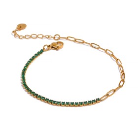 Elegantní náramek se zirkony, chirurgická ocel, Zelená 17 cm + 3 cm (prodloužení)