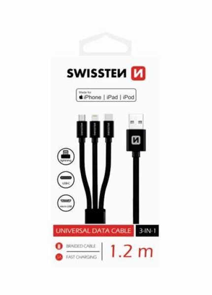 Swissten kabel Textile 3in1mFi 1,2m, černá