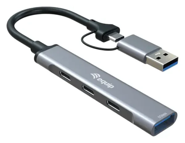 Equip šedá / USB hub / 4 porty / 3x USB-C, 1x USB-A / USB 3.2 Gen 1 / 5 Gbit/s (128969)