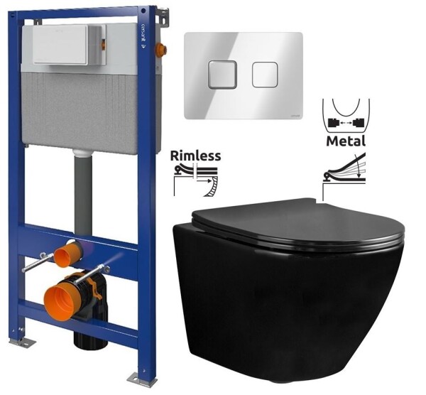 CERSANIT/S - CERSANIT POD. SYSTÉM AQUA 52 PNEU S QF + TLAČÍTKO SQUARE CHROM + WC REA CARLO MINI RIMFLESS ČERNÁ + SEDÁTKO S97-062 SQCR CL1