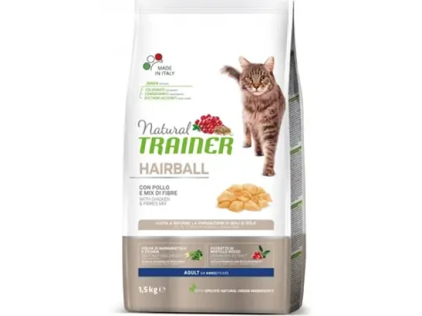 Natural Trainer Cat HAIRBALL kuřecí 1.5kg / Granule pro kočky / pro dospělé kočky zaměřené na smotky chlupů v trávení (8059149246932)