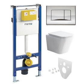 Mereo WC set - Rimless WC hranaté, modul pro sádrokarton, chrom hranaté tlačítko lesklé MM02NSETRS322