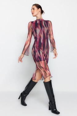 Trendyol růžové plisé tkanina se vzorem Shift / Plain Lined Lined High Neck Midi pletené šaty