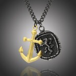 Pánský ocelový náhrdelník Charles, medailon lev a kotva, Černá 70 cm