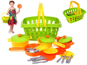 Sada hrnců + příbory v síťce plast v nákupním košíku 27x37x17cm