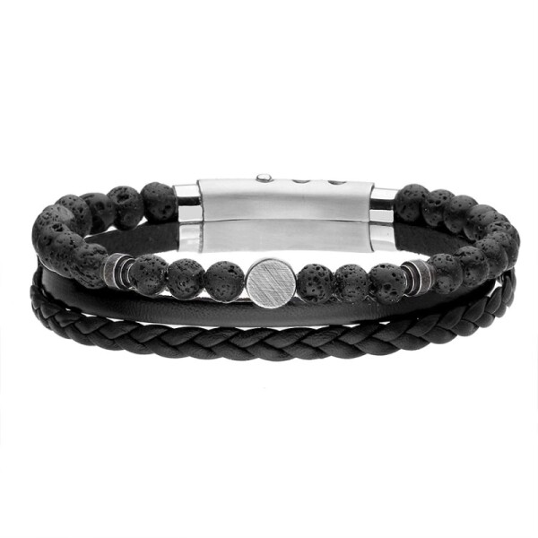 Pánský kožený náramek s lávovým kamenem José - chirurgická ocel, Černá 21 cm