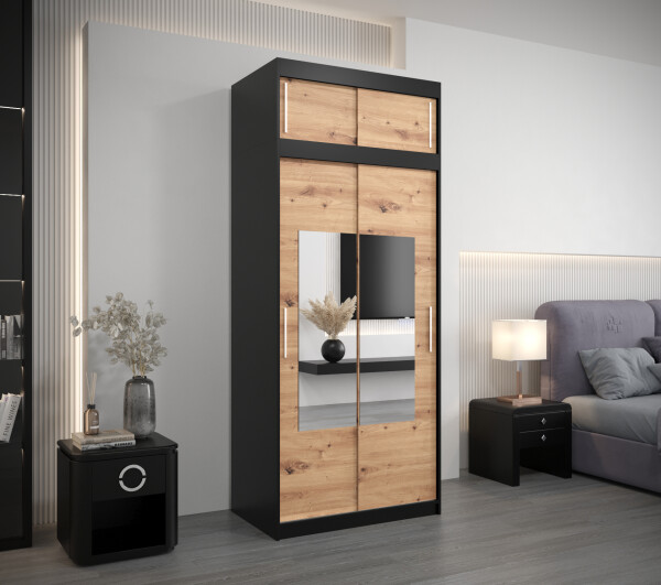 Šatní skříň Abi To s nástavcem Barva korpusu: Černá, Rozměry: 100 cm, Dveře: Dub artisan