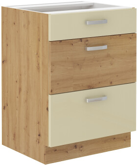 Spodní skříňka Artisan 60 D 3S BB - Premium Box Barva korpusu: Dub artisan, Barva dvířek: Krémový lesk