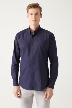 Avva Men's Navy Blue 100% Cotton Button Collar Striped Slim Fit Narrow Cut Poplin Shirt